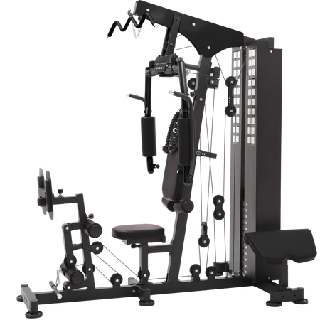 Black gym machine with various attachments on a white background