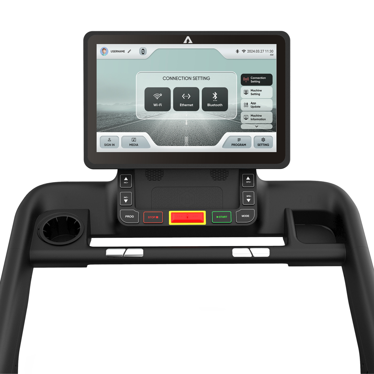 Treadmill control panel with digital display on a white background
