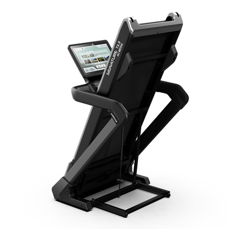 Black treadmill with a tablet stand on a white background