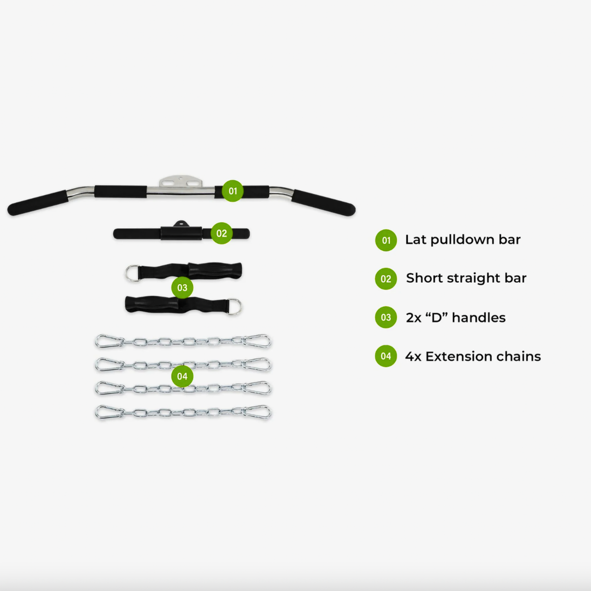 Set of gym equipment including a lat pulldown bar, short straight bar, 'D' handles, and extension chains on a white background.