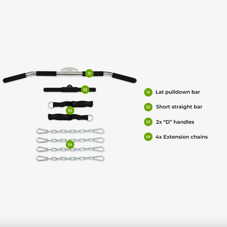 Set of gym equipment including a lat pulldown bar, short straight bar, 'D' handles, and extension chains on a white background.