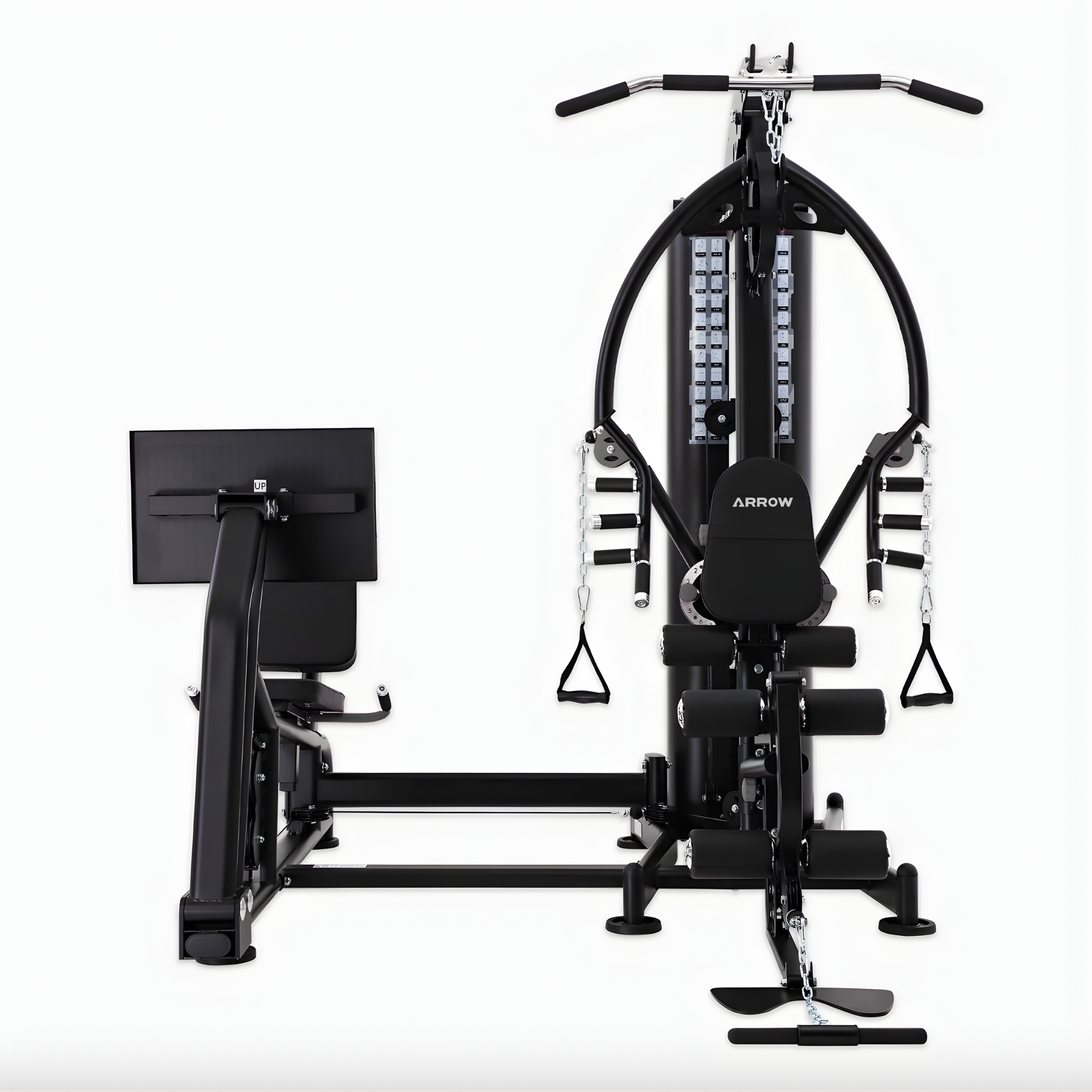 Black gym machine with various attachments on a white background