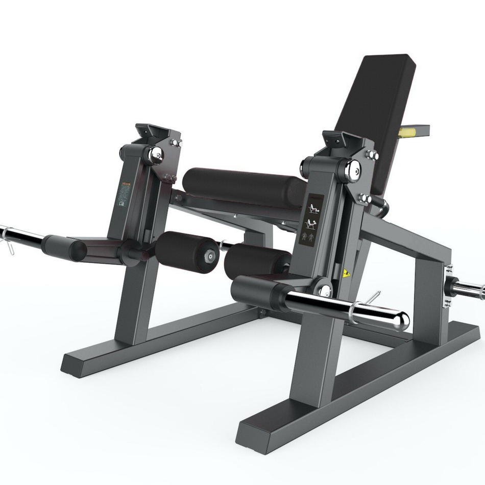 Black weight training machine on a white background