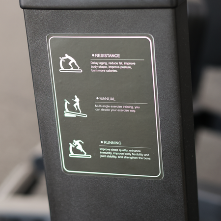 Exercise machine with instructional label on a blurred background